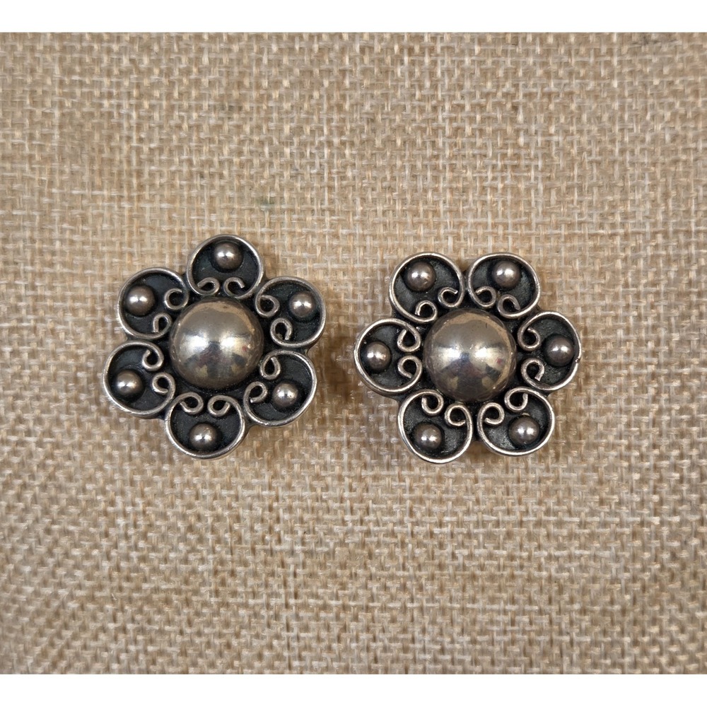 Vintage Solid Sterling Silver Floral Taxco Clip-On Earrings Signed